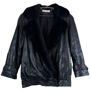 Andrew Marc Genuine Leather Italian Mouton Fur Trim Coat Jacket Black Size M